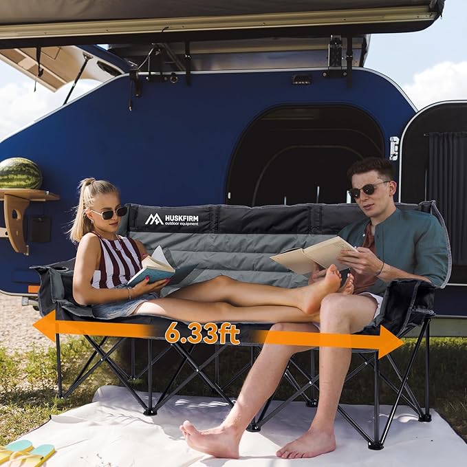 3 Person Camping Chairs Folding Double Camping Chair Portable Oversized Loveseat Padded Camp Chair Heavy Duty Camping Couch for Adults Outdoor Lawn with Two Cup Holders and Carry Bag