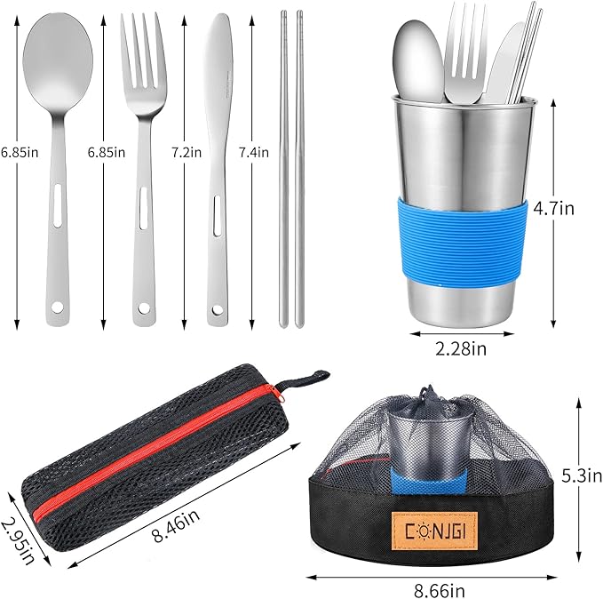 Outdoor Camping Mess Kit - 1 to 2 persons Camping Dishes Includes Cups Bowls Dishes Knives Forks Spoons Etc Camping Dinnerware Set with Mesh Bag is Easy to Carry Camping Tableware Set