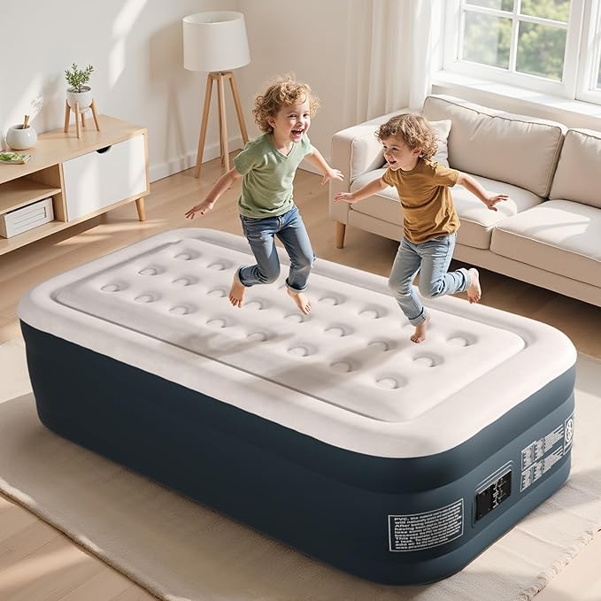 Outvita 18in Twin Air Mattress with Built-in Pump Quick Assembly Comfort Luxury Blow Up Air Bed Self-Inflation/Deflation - Breathable and Flatness-Free for Guests and Home Camping Travel