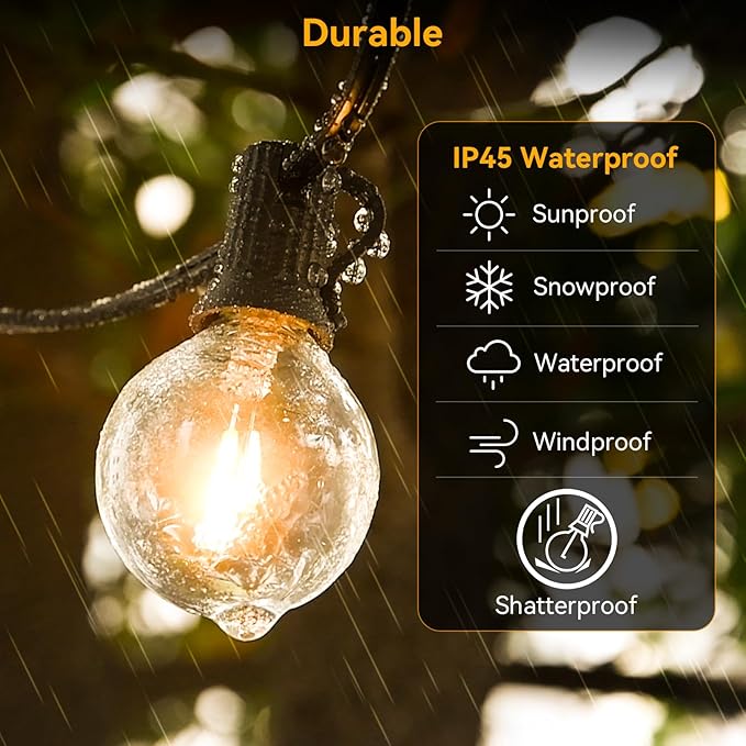 100ft Outdoor String Lights Waterproof/Connectable/Dimmable with 52 LED Shatterproof Bulbs2-Pack 50ft UL Listed Globe G40 String Lights Outside Lighting for Patio Backyard Cafe Party Wedding Garden