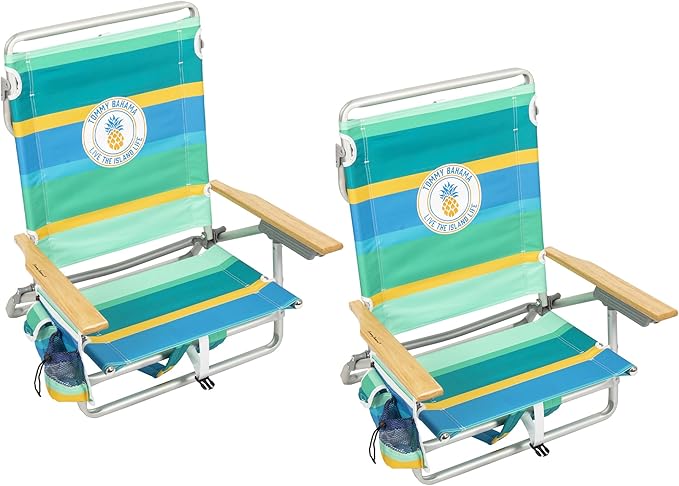 Tommy Bahama 5-Position Classic Lay Flat Backpack Cooler and Cup Holder Beach Chair Portable Folding Beach Chair for Tanning 2-Pack Stripe