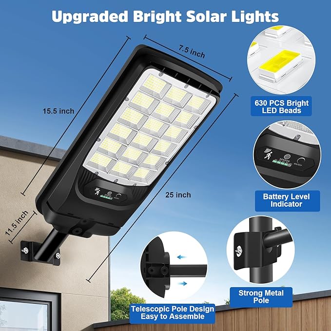 Solar Street Lights Outdoor 21000LM 6500K Motion Sensor Solar Lights Waterproof Dusk to Dawn Solar-Powered Flood Lights with Remote Commercial Area Lighting for Parking Lot Driveway Garage 2-Pack