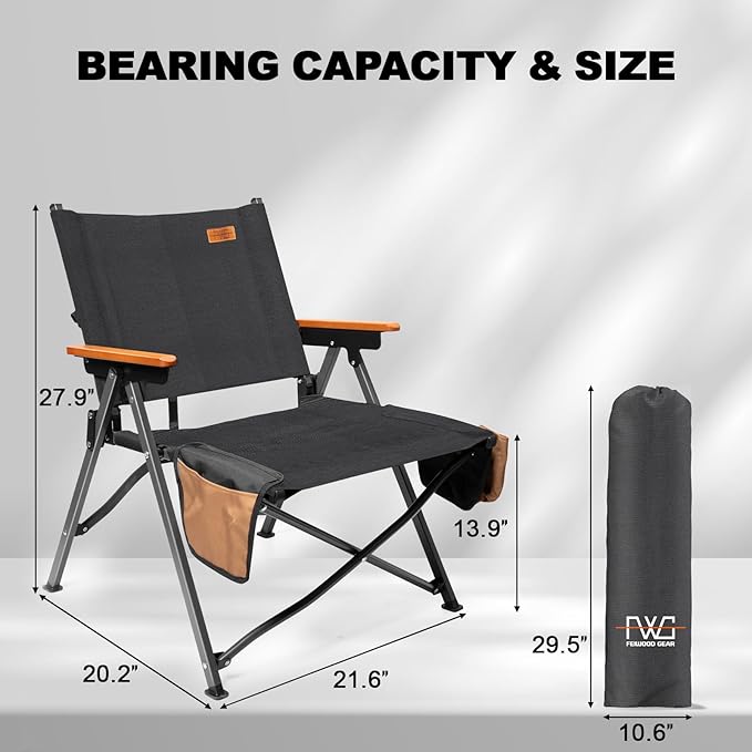 Folding Camping Chair Lightweight Portable Chair Wood Armrest with Side Pockets Cup Holder for Camping Picnic Concert Beach Fishing Outdoor