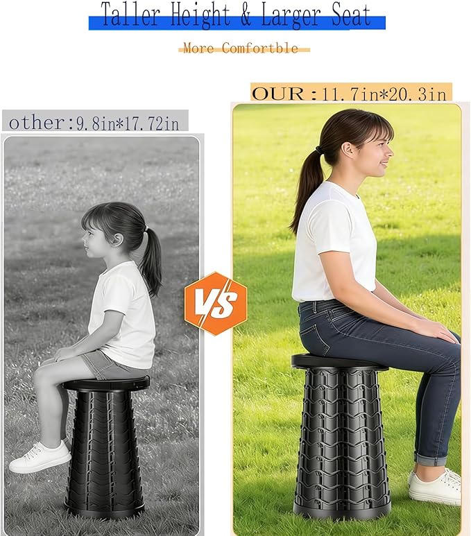 20.3“Collapsible Stool for Adults Heavy Duty 1000lbs Load Capacity Folding Stool Wider Seat&ampTaller Height Portable Seat Telescoping Chair for Camping Parade Sporting Event Campfire Party
