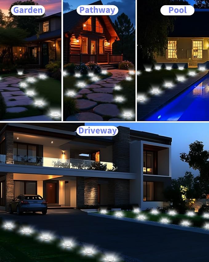Solar Ground Lights Outdoor 18 Pack Waterproof Upgraded Solar Garden Lights with 4 Side Light Stainless Steel Solar Powered Disc Landscape Light for Walkway Lawn Yard Patio Deck-Cool White