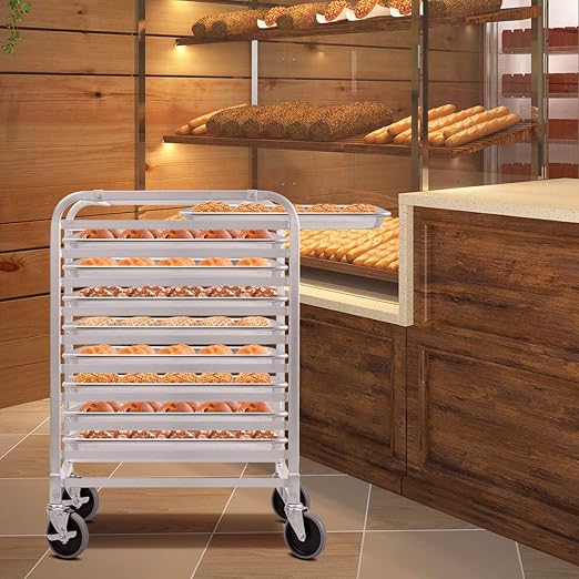 Giantex 10 Tier Aluminum Bakery Rack Commercial Kitchen Bun Pan Sheet Pan Rack Mobile Bakers Trolley with Storage Cooling Racks and Lockable Casters