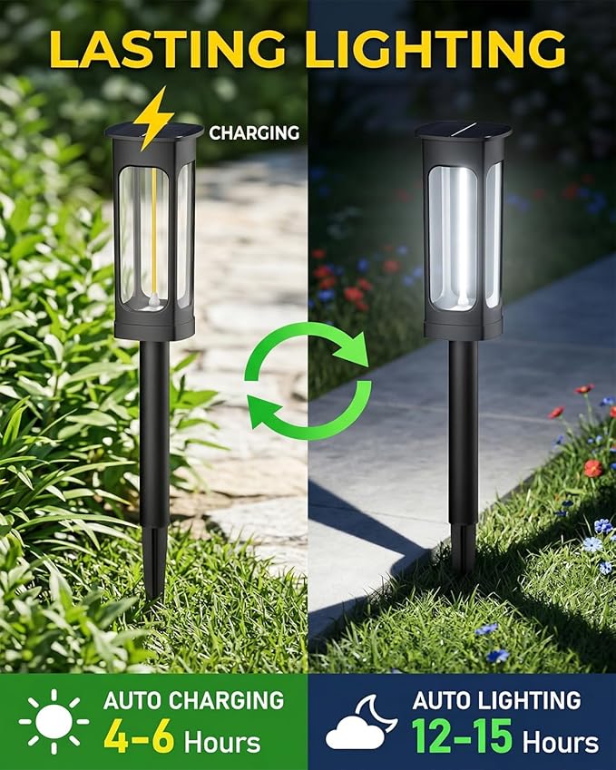 Solar Pathway Lights Outdoor 6 Pack Upgraded Brighter 6 Inch extended filament Solar Garden Lights Waterproof Up to 15 Hrs Lighting for Yard Garden Walkway Driveway Landscape Patio Decor （White）