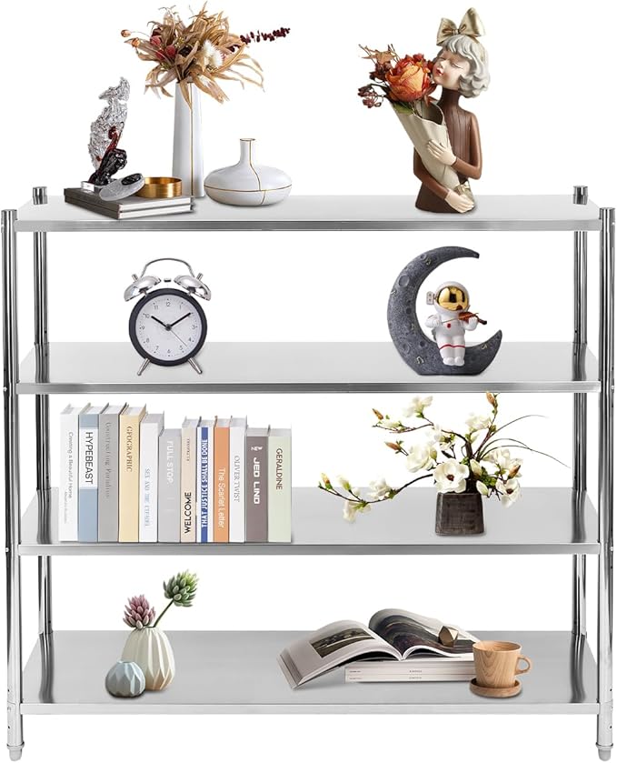 Stainless Steel Shelves58.1x17.5x58.1 Inch 4 Tier Shelving UnitAdjustable Height Stainless Steel Storage Shelf for Shopping MallsSupermarketsConvenience Stores (1320lbs)