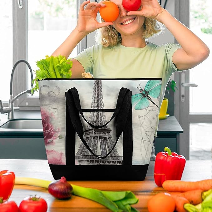 Insulated Shopping BagLarge Reusable Cooler Bags Dragonfly French Tower Printed Foldable Shopping BagTravel Waterproof Shoulder Bag