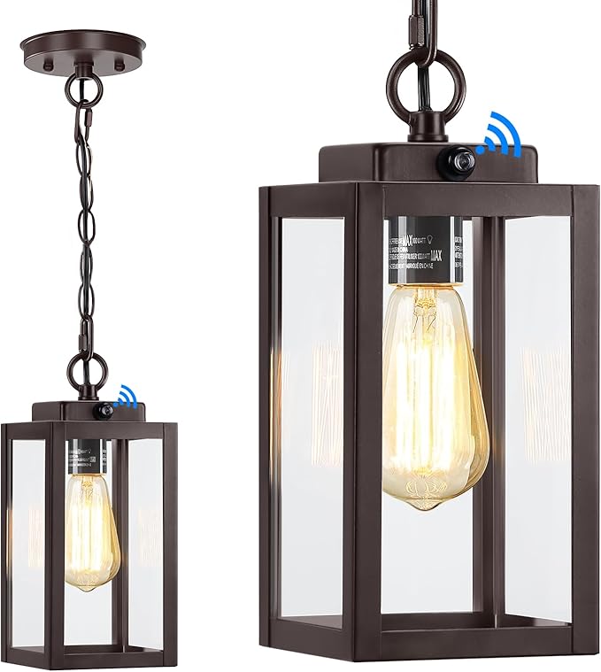 11'' Dusk to Dawn Outdoor Pendant Light Modern Outside Chandelier Outdoor Hanging Lantern Light Matte Brown with Clear Glass Exterior Pendant Lighting Fixture for Porch Yard Gazebo ORB (Small)
