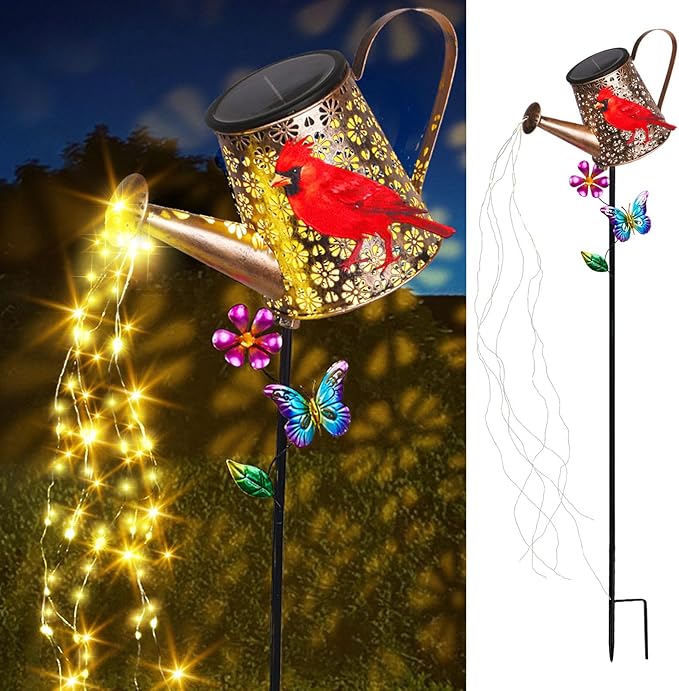 Solar Watering Can with Lights Outdoor Garden 41in Large Red Cardinal Garden Stake Lights Waterproof Decoration for Yard Lawn Pathway Gifts for Mom Grandma Women Birthday Gardening Gift