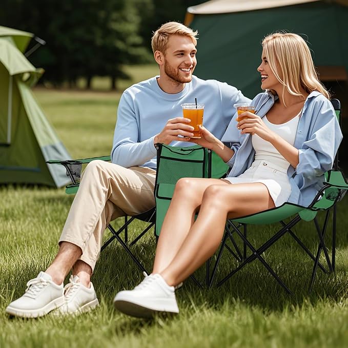 MAT EXPERT Folding Double Camp Chair w/Removable Umbrella Portable Picnic Chair w/Mini Table Chair Set w/Beverage Holder Portable Loveseat Camp Chairs for Beach Backyard Poolside (Green)