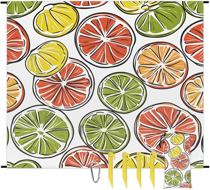 Waterproof Sandproof Beach Blanket 59''×68'' Simply Lemon Polyester Outdoor Picnic Blanket with 4 Stakes &amp Storage Bag for BeachCampingVacation White