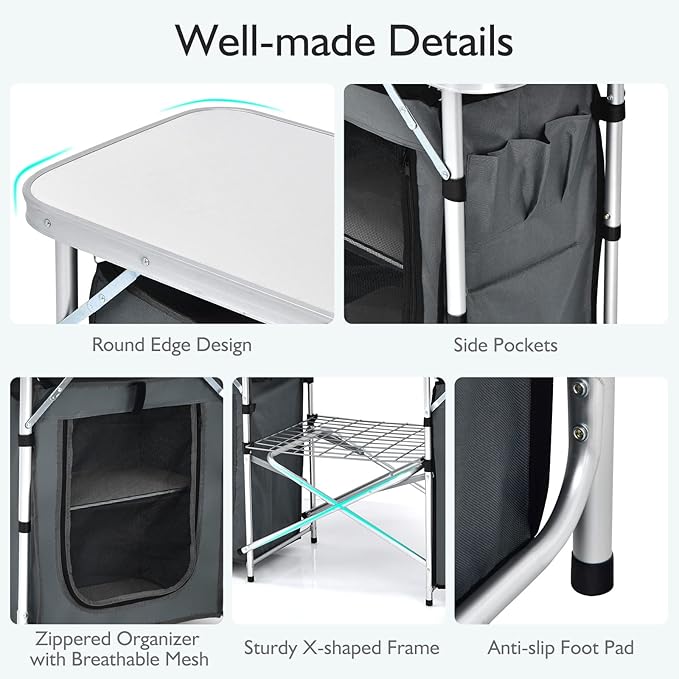 Goplus Folding Camping Kitchen Table with Storage Aluminum Portable Outdoor Cooking Table with Windscreen Foldable Camp Table Cook Station for BBQ Grill Party Picnics
