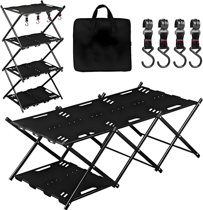 Folding Camping Table Portable Multi-Functional 4-Tier Picnic Rack Carbon Steel 37 with Storage Bag and 4 Hooks Indoor Outdoor Heavy Duty Portable for Picnic Party Camping