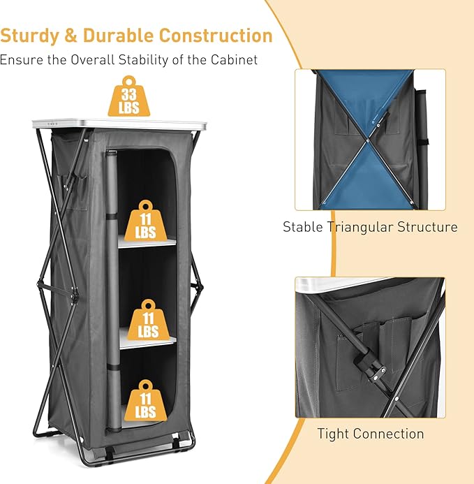 Goplus Folding Camping Storage Cabinet Pop Up Outdoor Camping Kitchen Station with Large 3-Tier Storage Organizer Carry Bag Easy Set Up Portable Compact Camping Table for BBQ Picnic Backyard (55'')
