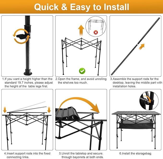Folding Camping Table Outdoor Roll-up Table Height Adjustable &amp Portable Metal Camp Grill Table for Picnic BBQ Party Backyard Beach Mesh Storage and Carry Bag (Ash Black 47.24'' X-Large)