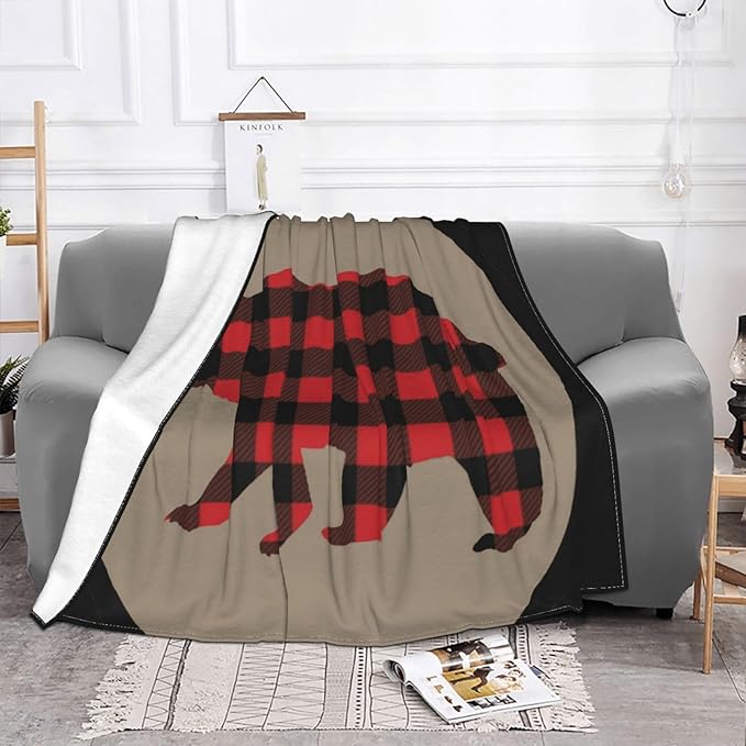 80X60 Red Black Buffalo Plaid Bear Lightweight Flannel Blanket - Soft and Breathable Polyester Suitable for Travel Camping and Home Decoration