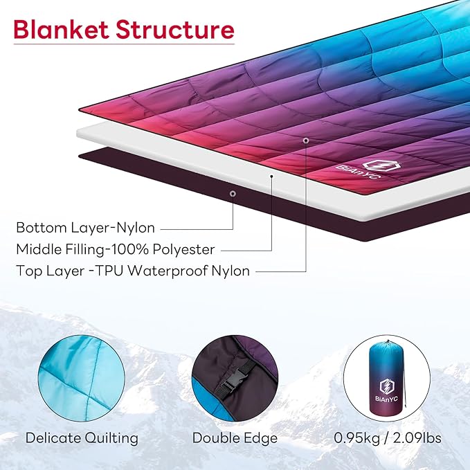 Outdoor Puffy Camping Blanket Lightweight Packable Down Alternative Printed Camp Large Ultra Warm Hammock Top Quilt Waterproof Blanket with Ground Sheet for Traveling Picnic Beach