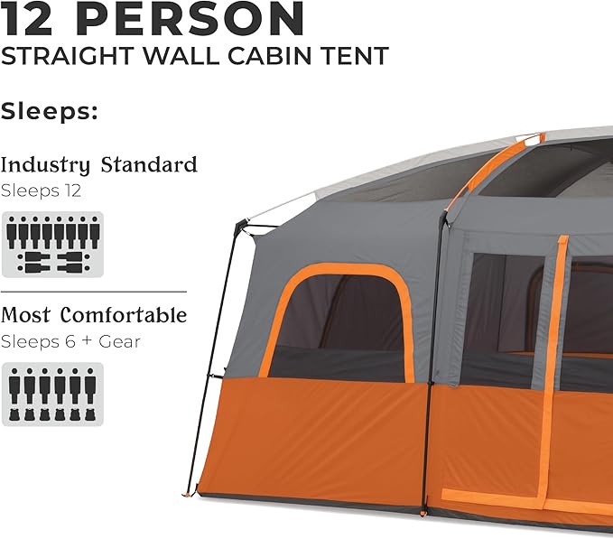 CORE Tent for Family Camping | 10 Person / 11 Person / 12 Person Large Multi Room Cabin Tents for Car Camping &amp Outdoor Adventures