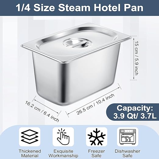 8 Pack Stainless Steam Hotel Pan 6 Deep Steam Table Pan with Lid 0.8 mm Thick Stainless Steel Restaurant Anti Clogging Steamer for Party Restaurant Hotel(1/4 Size)