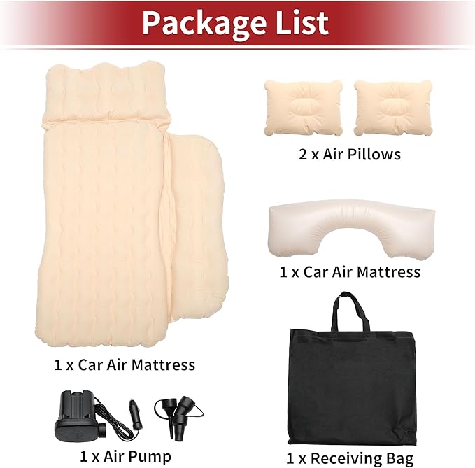 ACROPIX Inflatable SUV Truck Car Air Mattress Back Seat Camping Bed Thickened Car Sleeping Pad for Travel Car Bed SUV Mattress with Car Air Pump and Pillows Beige