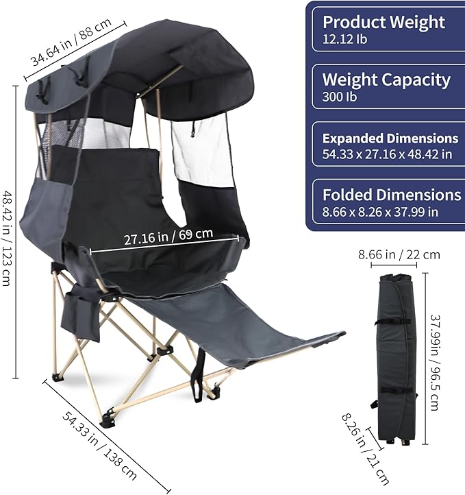 Folding Camping Chairs Canopy Outdoor: Sports Portable Beach Chair with Canopy-Lawn Beach Chairs with Umbrella for Adults-Camping Chair with Shade for Fishing Camp Heavy Duty (Casual Grey)