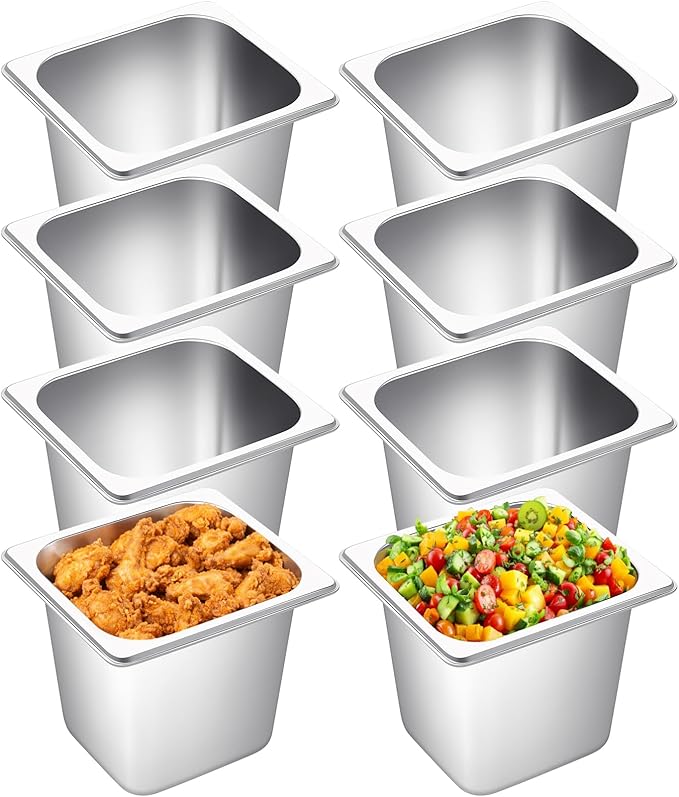 Jinei Steam Table Pan 1/6 Hotel Pan Stainless 201 Steel Size 6'' Deep Storage Catering Metal Commercial Food Pans for Kitchen Restaurant Buffet Party Supplies(8 Pcs)