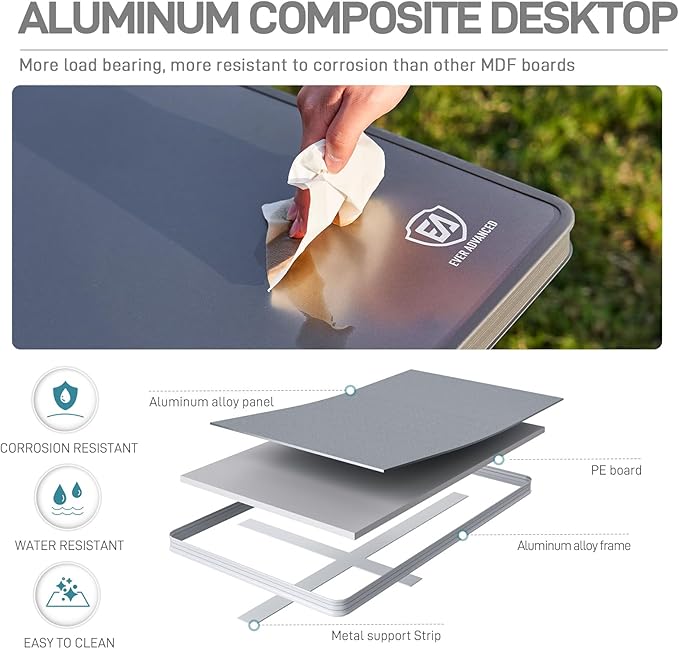 EVER ADVANCED Large Camping Table for 4-6 Person Portable Folding Aluminum Table with Carrying Handle Suitable for BBQ Picnic Camping and Indoor Use Support up to 130LBS Gray