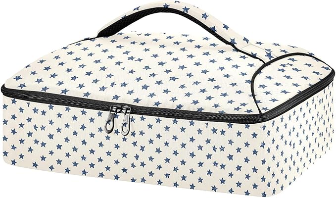 Casserole Carrier Pattern Small Blue Stars Cream BackgroundInsulated Casserole Carrier for Hot or Cold Food Thermal Lunch Tote for Potluck Parties Picnic Fits 9 x 13 Inches Baking Dish