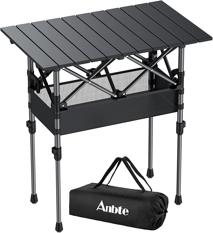 Anbte 2ft Small Roll Up Camping Table 2 Adjustable Height Aluminum Portable Camping Table with Storage Net &amp Bag Lightweight Waterproof Folding Table for Indoor Outdoor BBQ Picnic 25” X 16” Bl