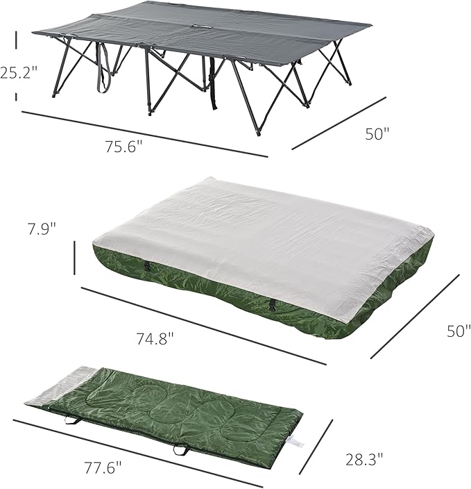 Outsunny 2-Person Folding Camping Cot Portable Outdoor Bed Set with Sleeping Bag Inflatable Air Mattress Comfort Pillows and Carry Bag Soft and Comfortable for Outdoor Travel Camp Beach Vacation
