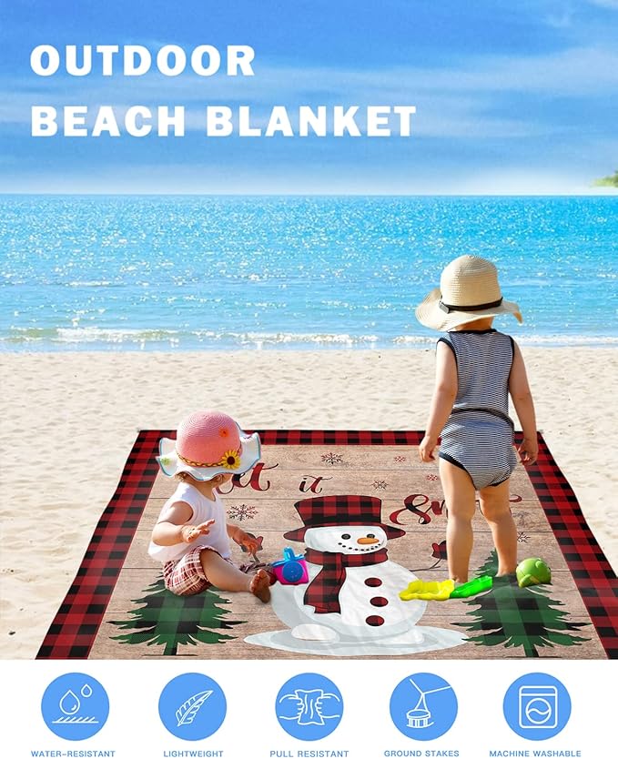 Beach Blanket Waterproof Sandproof OversizedChristmas Cute Snowman Tree Winter Snowflake Beach Mat with Corner Stakes Sand PocketsRed Buffalo Plaid Retro Plank Picnic Mat for Travel 83x79In