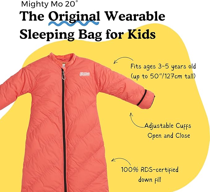 Mighty Mo 20° Down Kids Sleeping Bag (Ages 3-5). The Warmest Lightest Camping Sleeping Bag for Kids Ages 3-5.