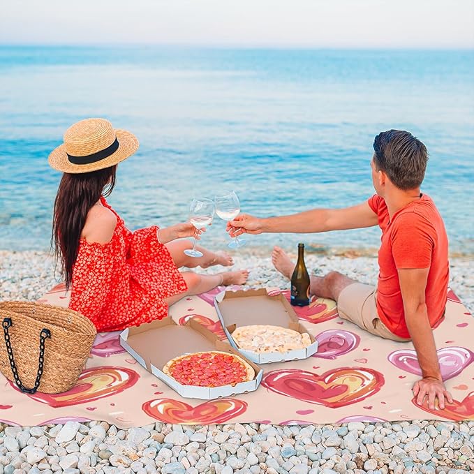 Waterproof Sandproof Beach Blanket 59''×68'' Shape-Heart Polyester Outdoor Picnic Blanket with 4 Stakes &amp Storage Bag for BeachCampingVacation Orange &amp Purple