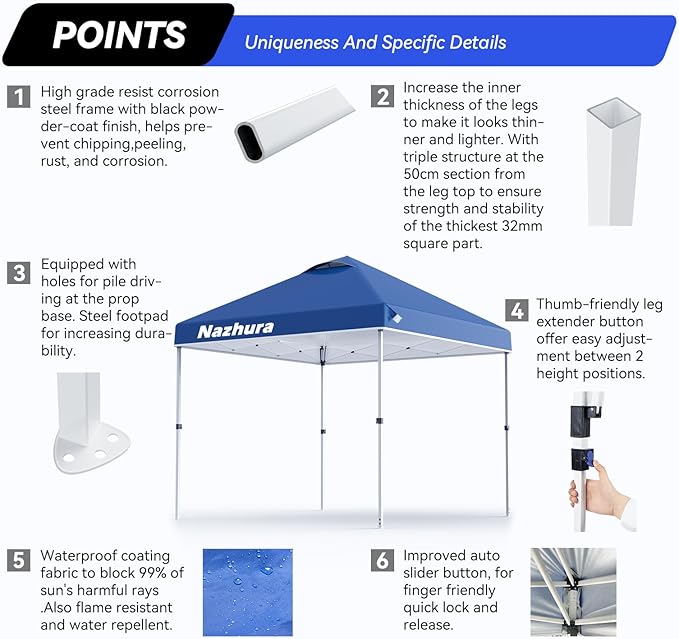 Nazhura 10' x 10' Pop Up Canopy Tent with Sand Weight Bag Freestanding Sun Shelter for Picnic and Camping One Person Setup and Height Adjustable (Blue)