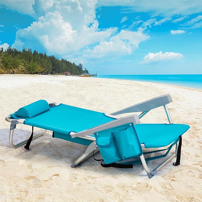 Beach Chairs for Adults Compact Portable Lay Flat Folding Beach Chair with Backpack Straps and Large Cooler Pouch Support to 220LBS (Mint Green)
