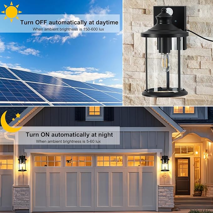 OKELI Porch Lights Outdoor Dusk to Dawn Motion Sensor Solar Wall Lantern Separate Panel &amp Battery Replaceable Exterior Waterproof Wall Sconce Lighting Lamp (Black B 1 Pack)