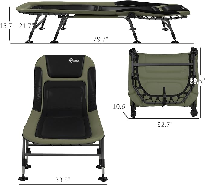 Camping Cot for Adults Folding Bed with Soft Padded Cushions Headrest 180° Adjustable Reclining Lounger Heavy Duty and Portable with a 400 lbs. Capacity Dark Green