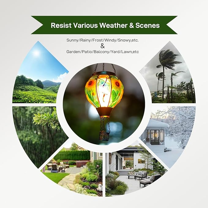 Hanging Hot Air Balloon Solar Lantern Dragonfly Solar Power Hot Air Balloon Lantern Outdoor Waterproof Glass Hanging Light for Outdoor Patio Garden Decor
