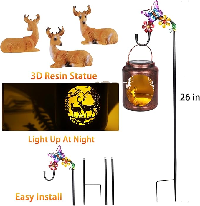 Metal Solar Lantern with Deer Patterns &amp Resin Deer Statue InsideOutdoor Lanterns with Shepherds Hook Gifts for Women Mom GrandmaOutside Haning Decor for Yard Garden Patio Backyard Porch
