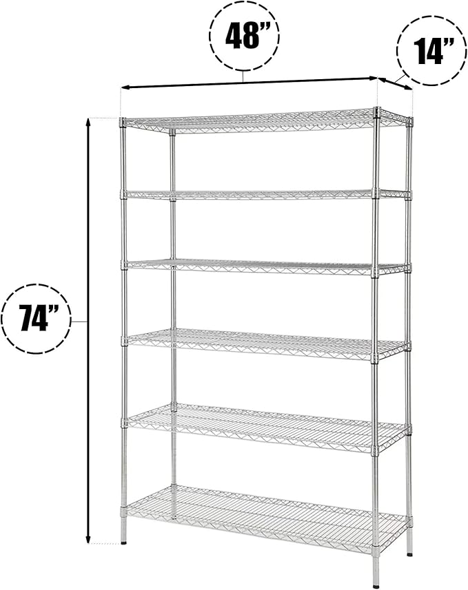 14 Deep x 48 Wide x 74 High 6 Tier Chrome Wire Shelving Kit | NSF Commercial Storage Rack Unit