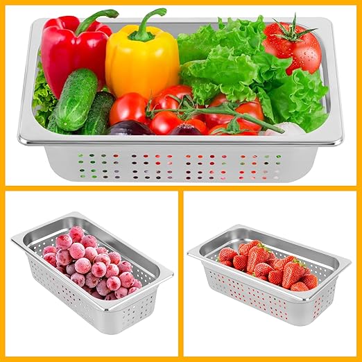 Hotel Pans 2-Pack 1/3 Size Stainless Steel Perforated Steam Table Pan 4 Deep Food Grade Anti-Jam Commercial Buffet Pan for Kitchen Drain &amp Steam Vegetables Dishwasher &amp Oven Safe