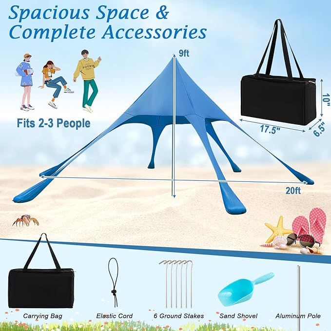 Goplus Beach Canopy 20 x 20 FT Beach Shade with UPF50+ Sun Protection Carrying Bag Sand Shovel Aluminum Pole 6 Ground Stake Portable Sun Shelter Outdoor Beach Tent for Backyard Camping Picnic