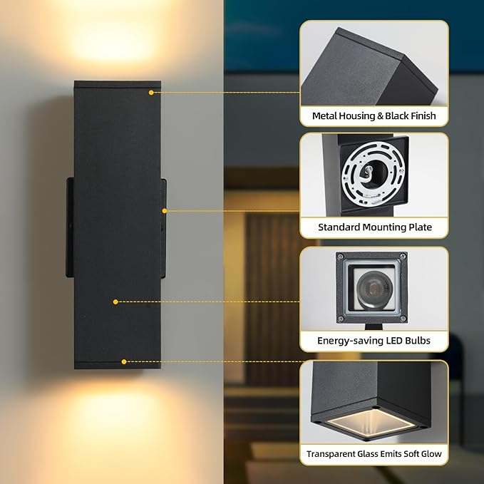 tewei LED Outdoor Wall Sconce Lights Modern Exterior Lighting Fixtures with 7W LED Bulbs Matte Black Square Up and Down Outdoor Lights for House Front Porch Garage Warm White 3000K 6 Pack