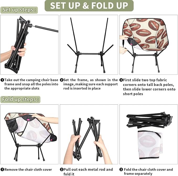 Honeybaby Folding Camping Chair Footballs Printed Camping Chairs Lightweight Portable Chair Outdoor Foldable Chairs for Camping Travel Picnic Beach Hiking