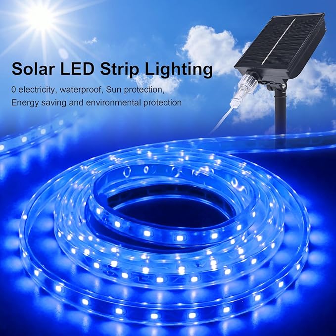 MIHEAL Solar LED Strip Lights Outdoor 32.8ft 560 LEDs Solar Powered Blue Light LED Strip with 8 Lighting Modes IP67 Waterproof 2835 SMD Rope Lights for Garden Trees Christmas Party Decor