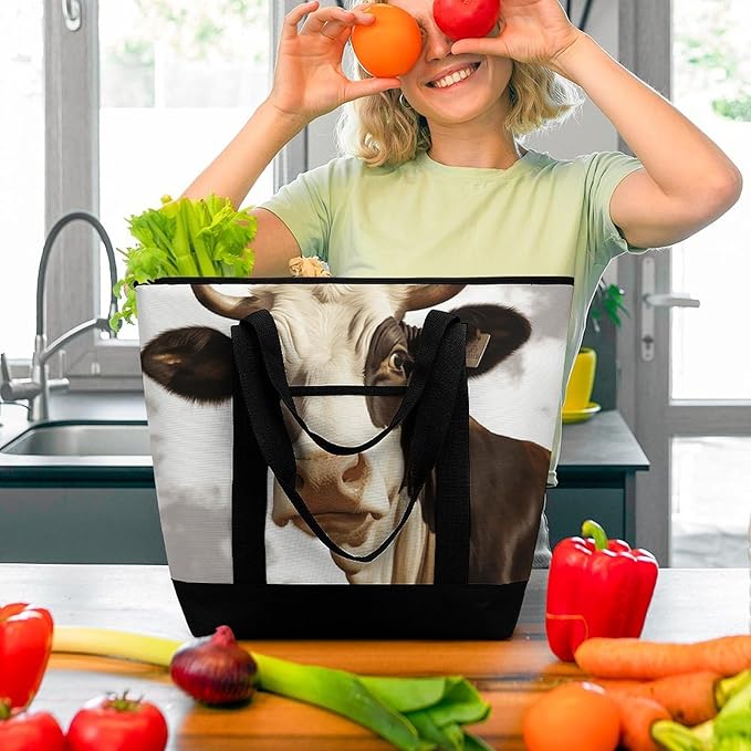 Insulated Shopping BagLarge Reusable Cooler Bags Farm Animal Cow Printed Foldable Shopping BagTravel Waterproof Shoulder Bag