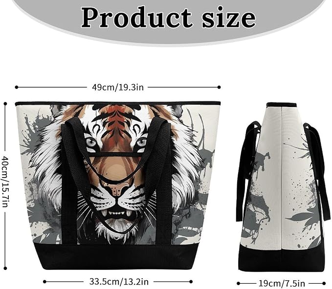 Insulated Shopping BagLarge Reusable Cooler Bags Black And White Doodle Tiger Printed Foldable Shopping BagTravel Waterproof Shoulder Bag