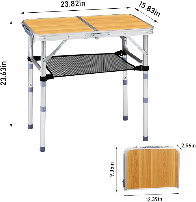 2 FT Folding Camping Table with Storage Portable Fold-in-Half Camp Kitchen Party Table 3 Height Adjustable &amp Carry Handle Rectangular Card Tables for Outdoor Picnic BBQ Backyard (Wooden Pattern